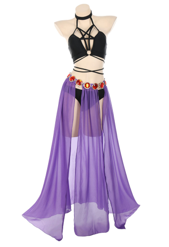 Love Healer Women Gothic Black Halter Front Crossover Spliced Lace-up Two Piece Swimsuit with Sarong