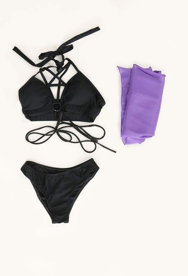 Love Healer Women Gothic Black Halter Front Crossover Spliced Lace-up Two Piece Swimsuit with Sarong Love Healer Women Gothic Black Halter Front Crossover Spliced Lace-up Two Piece Swimsuit with Sarong