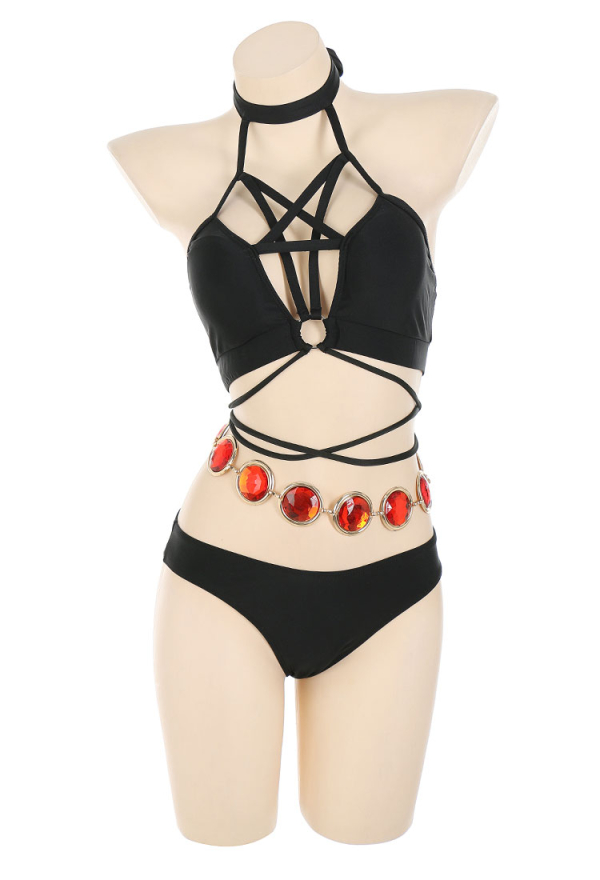 Love Healer Women Gothic Black Halter Front Crossover Spliced Lace-up Two Piece Swimsuit with Sarong Love Healer Women Gothic Black Halter Front Crossover Spliced Lace-up Two Piece Swimsuit with Sarong
