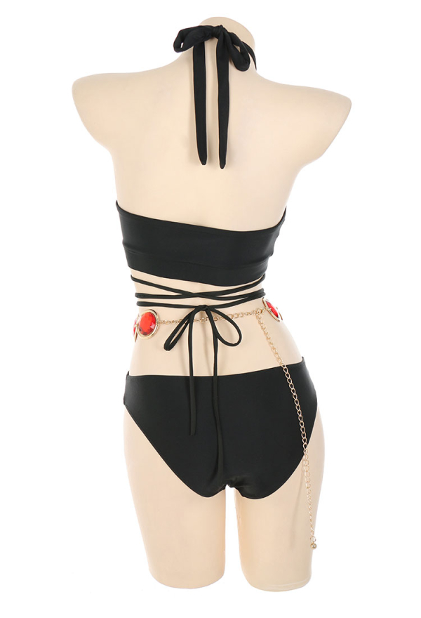 Love Healer Women Gothic Black Halter Front Crossover Spliced Lace-up Two Piece Swimsuit with Sarong Love Healer Women Gothic Black Halter Front Crossover Spliced Lace-up Two Piece Swimsuit with Sarong