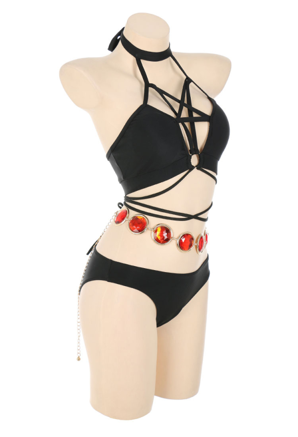Love Healer Women Gothic Black Halter Front Crossover Spliced Lace-up Two Piece Swimsuit with Sarong Love Healer Women Gothic Black Halter Front Crossover Spliced Lace-up Two Piece Swimsuit with Sarong