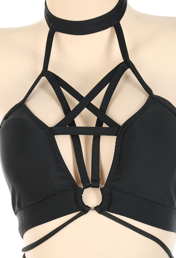 Love Healer Women Gothic Black Halter Front Crossover Spliced Lace-up Two Piece Swimsuit with Sarong Love Healer Women Gothic Black Halter Front Crossover Spliced Lace-up Two Piece Swimsuit with Sarong