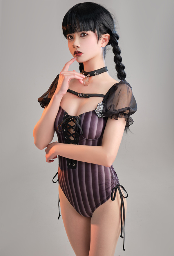 Goth Girl Black Puff Sleeves Striped Lace Up One-Piece Swimsuit with Badge and Choker Goth Girl Black Puff Sleeves Striped Lace Up One-Piece Swimsuit with Badge and Choker