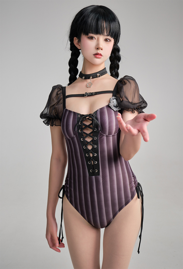 Goth Girl Black Puff Sleeves Striped Lace Up One-Piece Swimsuit with Badge and Choker Goth Girl Black Puff Sleeves Striped Lace Up One-Piece Swimsuit with Badge and Choker