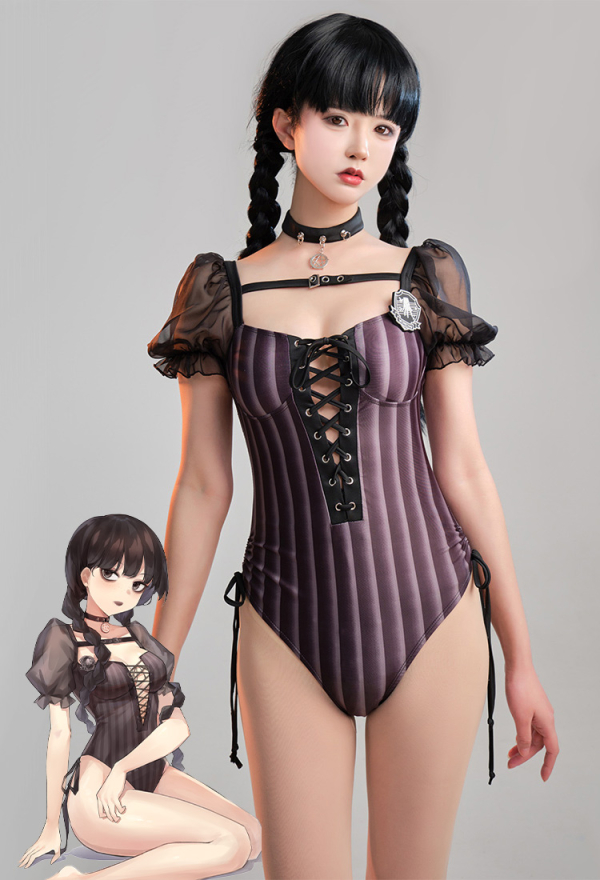 Goth Girl Black Puff Sleeves Striped Lace Up One-Piece Swimsuit with Badge and Choker Goth Girl Black Puff Sleeves Striped Lace Up One-Piece Swimsuit with Badge and Choker