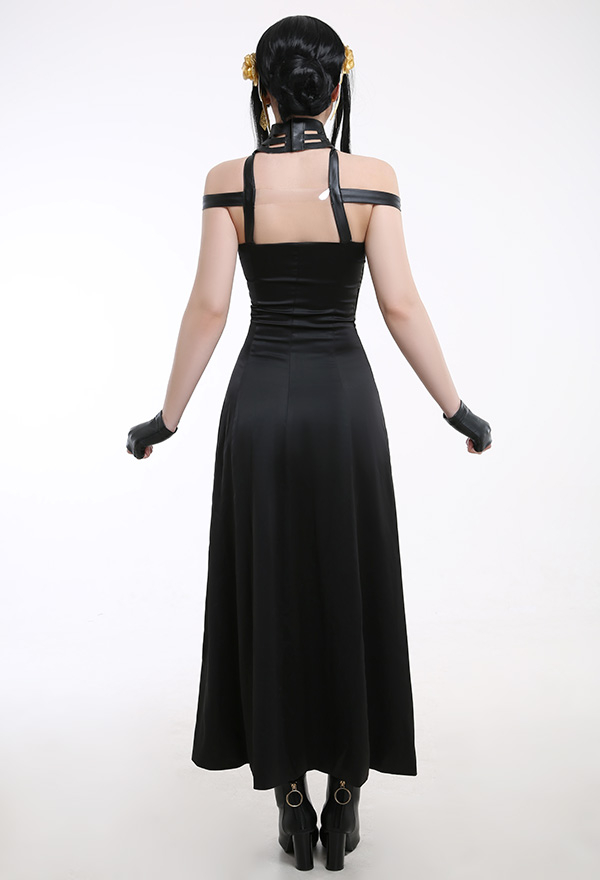 Yor Costume Dark Style Black PU Leather Halter High-Low Dress for Halloween Party Wear with Leather Stockings Yor Costume Dark Style Black PU Leather Halter High-Low Dress for Halloween Party Wear with Leather Stockings