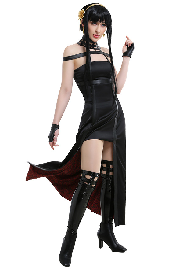 Yor Costume Dark Style Black PU Leather Halter High-Low Dress for Halloween Party Wear with Leather Stockings Yor Costume Dark Style Black PU Leather Halter High-Low Dress for Halloween Party Wear with Leather Stockings
