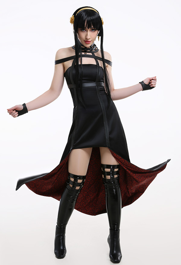 Yor Costume Dark Style Black PU Leather Halter High-Low Dress for Halloween Party Wear with Leather Stockings Yor Costume Dark Style Black PU Leather Halter High-Low Dress for Halloween Party Wear with Leather Stockings