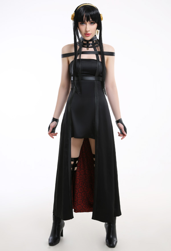Yor Costume Dark Style Black PU Leather Halter High-Low Dress for Halloween Party Wear with Leather Stockings Yor Costume Dark Style Black PU Leather Halter High-Low Dress for Halloween Party Wear with Leather Stockings