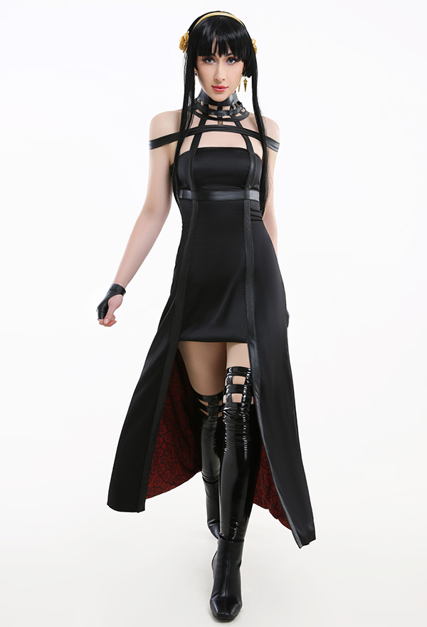 Yor Costume Dark Style Black PU Leather Halter High-Low Dress for Halloween Party Wear with Leather Stockings Yor Costume Dark Style Black PU Leather Halter High-Low Dress for Halloween Party Wear with Leather Stockings