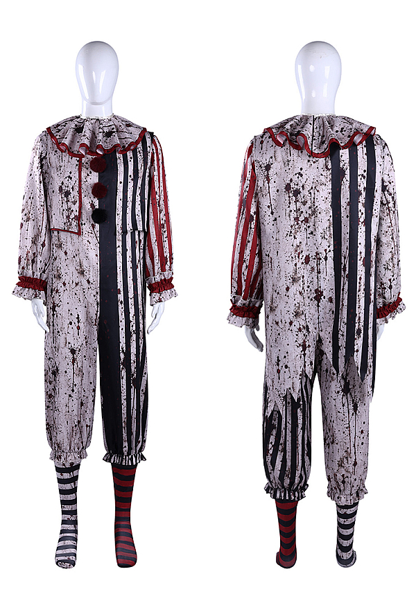 Moonlit Jester Bloodstained Print Halloween Outfit Set Color-blocked Striped Bodysuit with Shawl and Socks