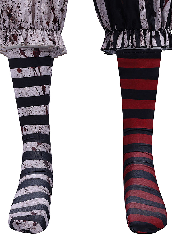 Moonlit Jester Bloodstained Print Halloween Outfit Set Color-blocked Striped Bodysuit with Shawl and Socks