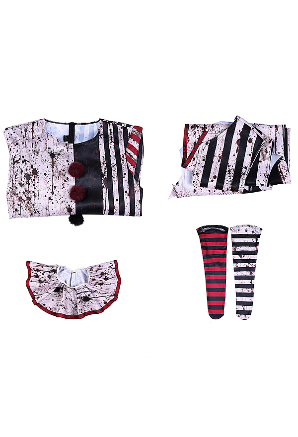 Moonlit Jester Bloodstained Print Halloween Outfit Set Color-blocked Striped Bodysuit with Shawl and Socks