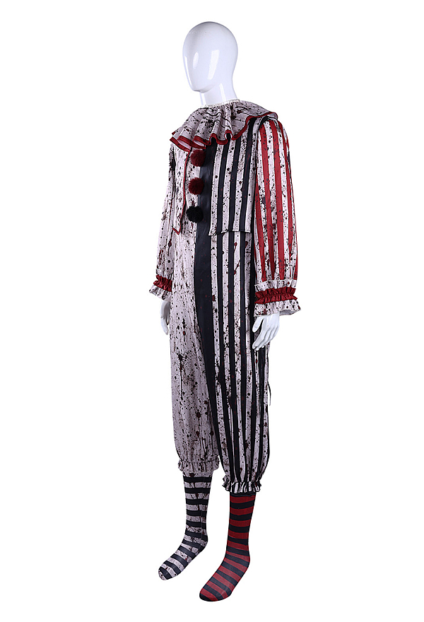 Moonlit Jester Bloodstained Print Halloween Outfit Set Color-blocked Striped Bodysuit with Shawl and Socks