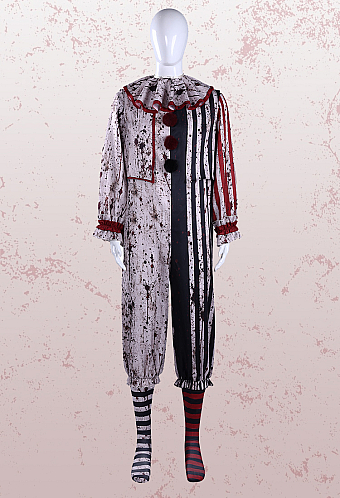 Moonlit Jester Bloodstained Print Halloween Outfit Set Color-blocked Striped Bodysuit with Shawl and Socks