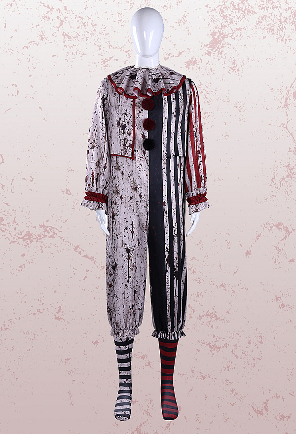 Moonlit Jester Bloodstained Print Halloween Outfit Set Color-blocked Striped Bodysuit with Shawl and Socks