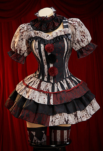 Moonlit Jester Halloween Gothic Joker Costumes Printed Blood Dress with Choker Sleeves and Stockings