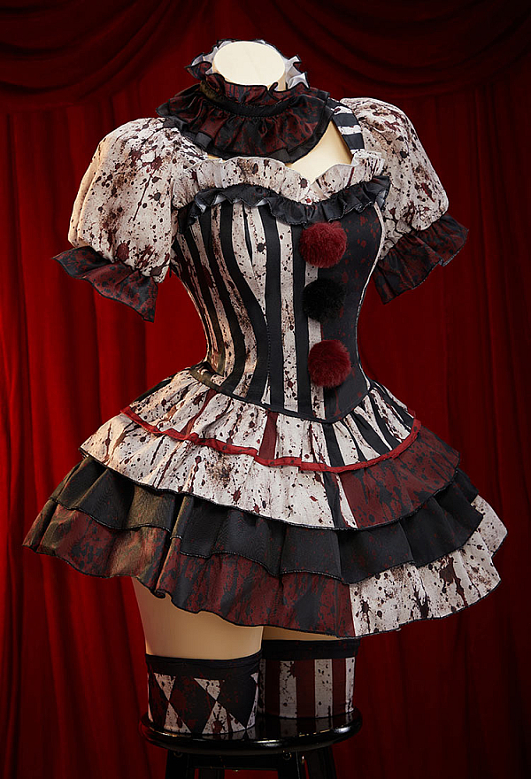 Moonlit Jester Halloween Gothic Joker Costumes Printed Blood Dress with Choker Sleeves and Stockings