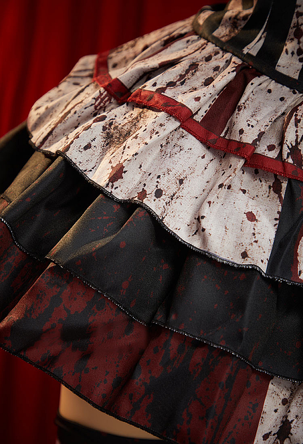 Moonlit Jester Halloween Gothic Joker Costumes Printed Blood Dress with Choker Sleeves and Stockings