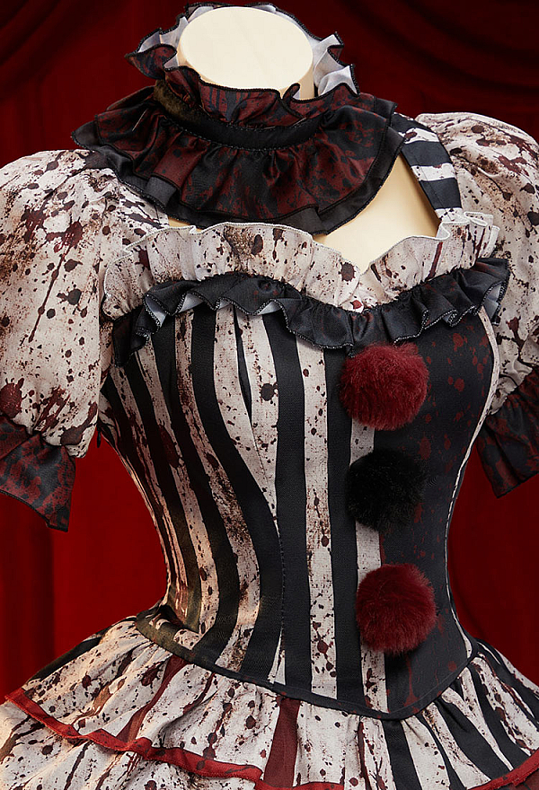 Moonlit Jester Halloween Gothic Joker Costumes Printed Blood Dress with Choker Sleeves and Stockings