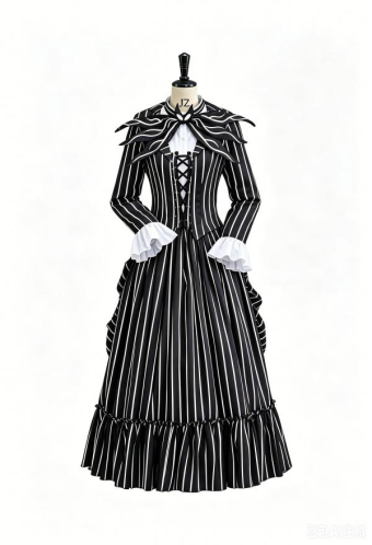 Sweet Nightmare Striped Halloween Uniform Set Black and White Front Lace Up Ruffle Decorated Hemline Uniform with Tie