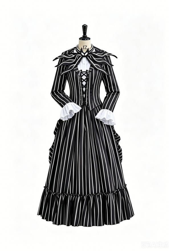 Sweet Nightmare Striped Halloween Uniform Set Black and White Front Lace Up Ruffle Decorated Hemline Uniform with Tie