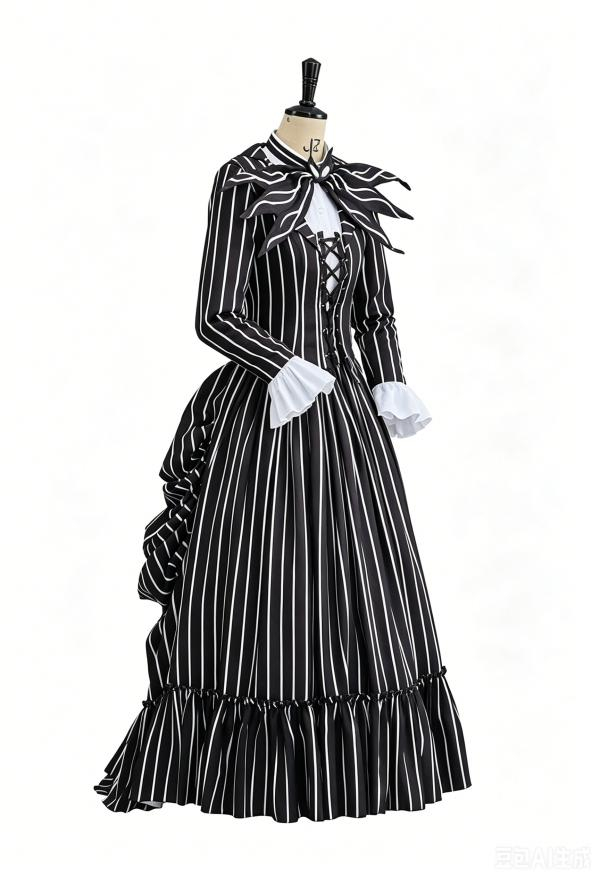 Sweet Nightmare Striped Halloween Uniform Set Black and White Front Lace Up Ruffle Decorated Hemline Uniform with Tie