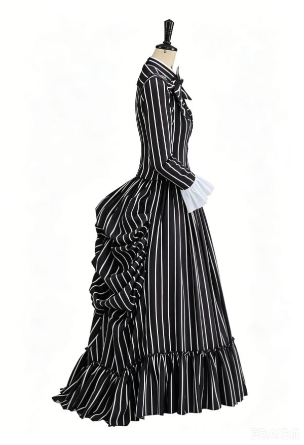 Sweet Nightmare Striped Halloween Uniform Set Black and White Front Lace Up Ruffle Decorated Hemline Uniform with Tie