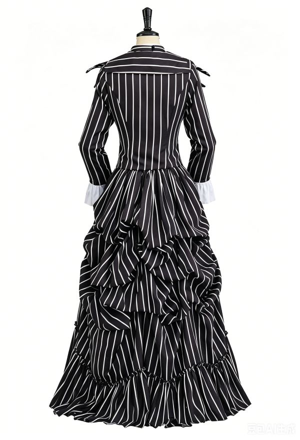 Sweet Nightmare Striped Halloween Uniform Set Black and White Front Lace Up Ruffle Decorated Hemline Uniform with Tie