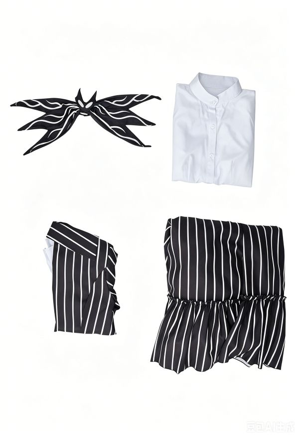 Sweet Nightmare Striped Halloween Uniform Set Black and White Front Lace Up Ruffle Decorated Hemline Uniform with Tie