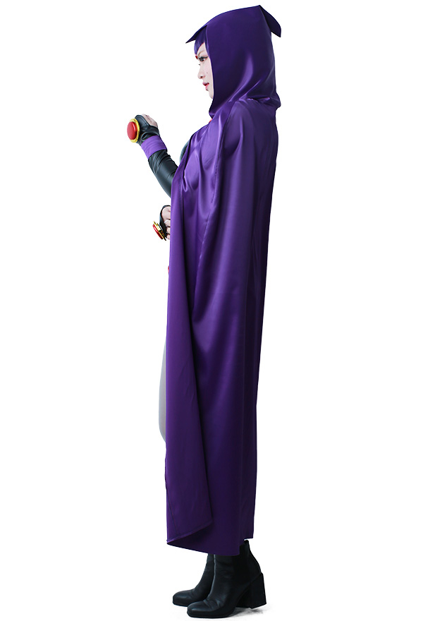 Love Healer Gothic Devil Demon Bodysuit Black PU Leather Halloween Costume with Decorated Belt and Purple Cloak