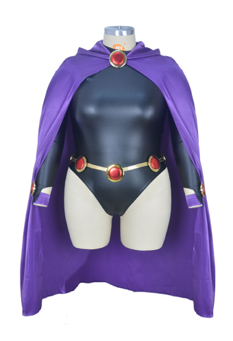 Plus Size Gothic Devil Demon Bodysuit Black PU Leather Halloween Costume with Decorated Belt and Purple Cloak