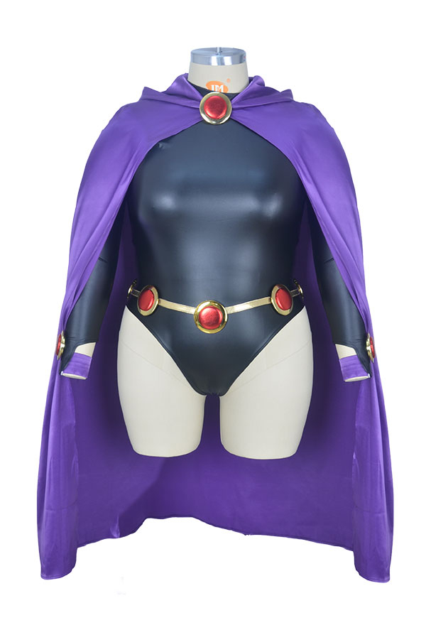 Plus Size Gothic Devil Demon Bodysuit Black PU Leather Halloween Costume with Decorated Belt and Purple Cloak