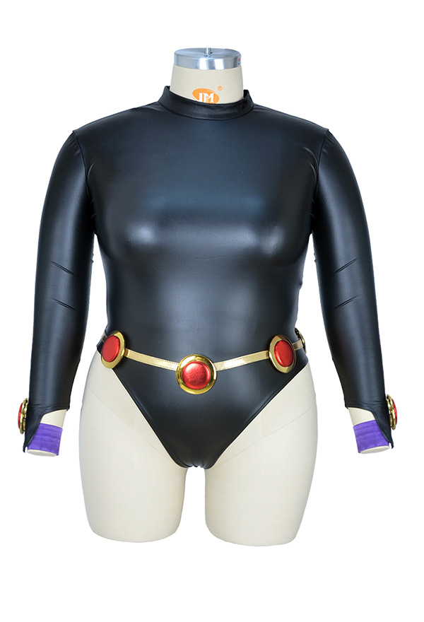 Plus Size Gothic Devil Demon Bodysuit Black PU Leather Halloween Costume with Decorated Belt and Purple Cloak