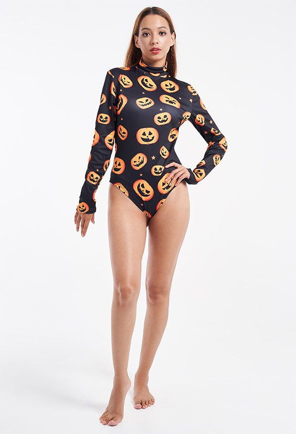 Halloween Women Black Devil Pumpkin Pattern Long Sleeves Bodysuit