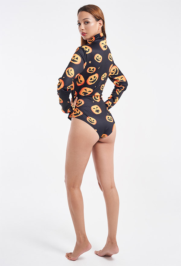Halloween Women Black Devil Pumpkin Pattern Long Sleeves Bodysuit