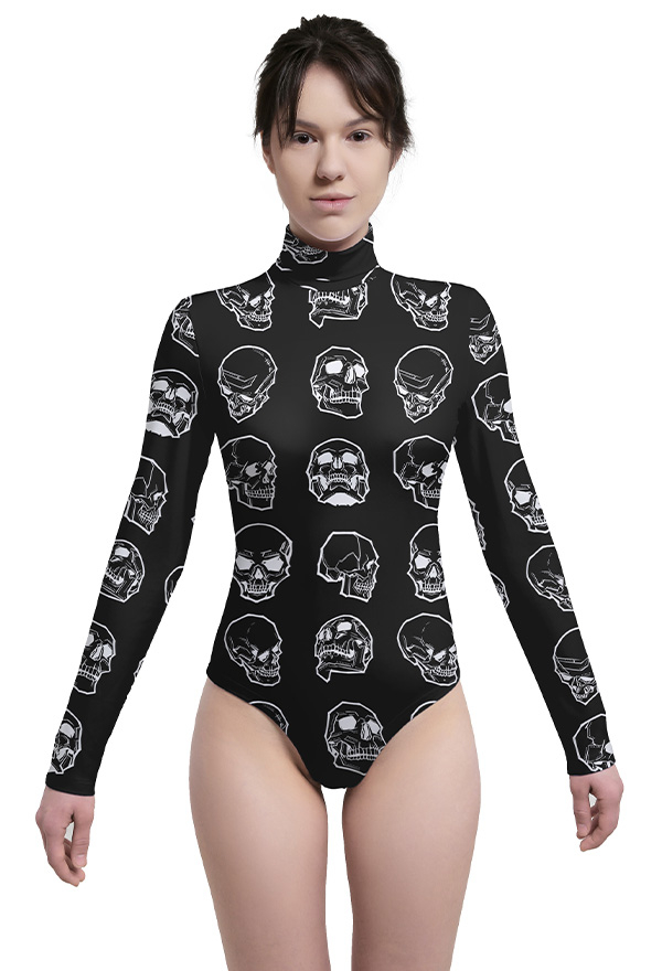 Halloween Gothic Shape Your Beauty Evil Girl Bodysuit Black Skeleton Pattern Long Sleeved Leotard for Women Halloween Gothic Shape Your Beauty Evil Girl Bodysuit Black Skeleton Pattern Long Sleeved Leotard for Women
