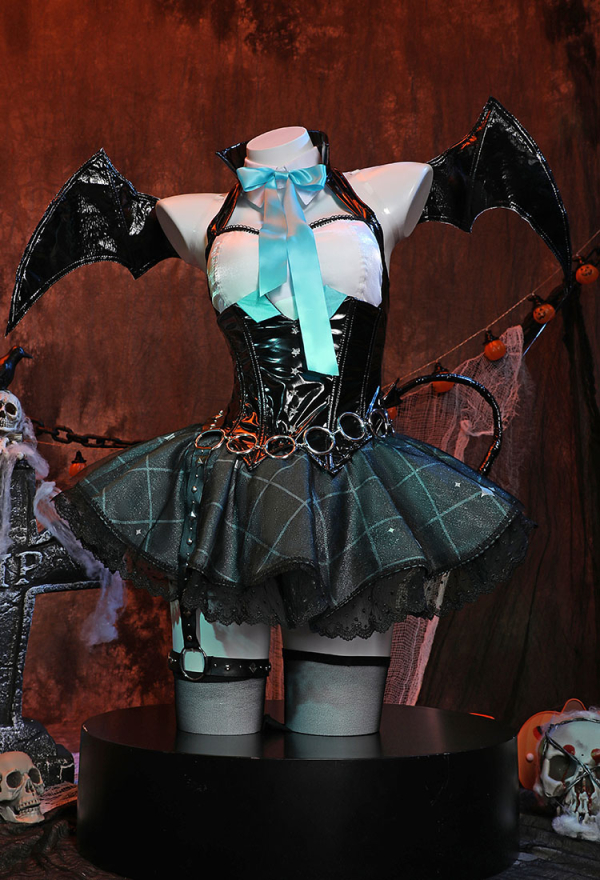 Midnight Devil Costume Set Bat Style Dress and Sleeves with Wings and Thigh Stockings Midnight Devil Costume Set Bat Style Dress and Sleeves with Wings and Thigh Stockings