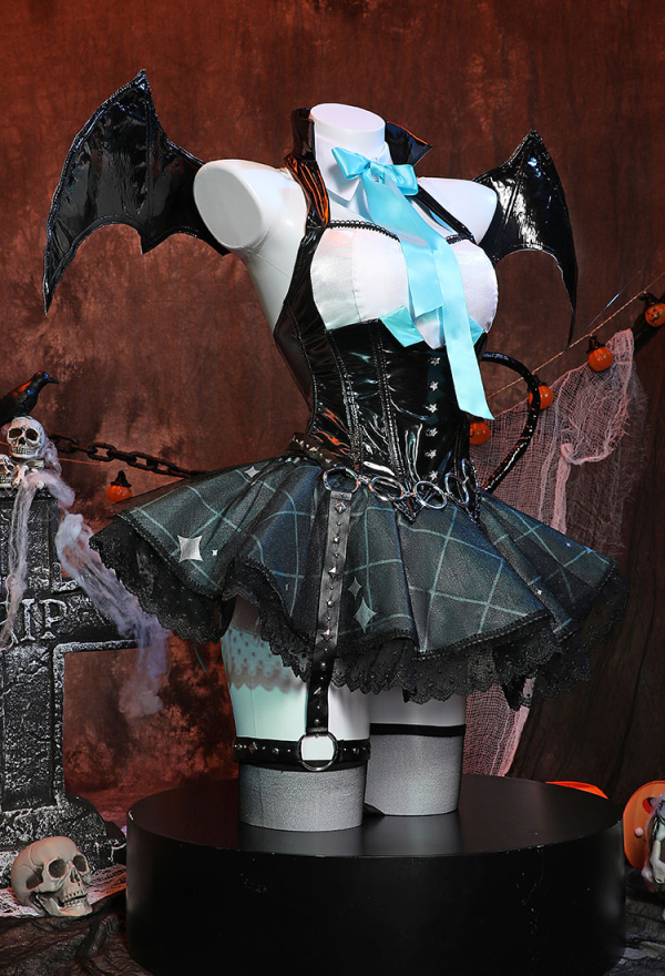 Midnight Devil Costume Set Bat Style Dress and Sleeves with Wings and Thigh Stockings Midnight Devil Costume Set Bat Style Dress and Sleeves with Wings and Thigh Stockings