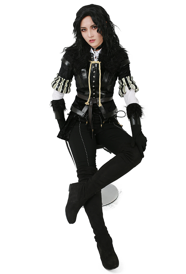 Women Gothic Powerful Witcher Uniform Dark Style Black PU Leather Lantern Cuff Exquisite Design Full Set Halloween Costume