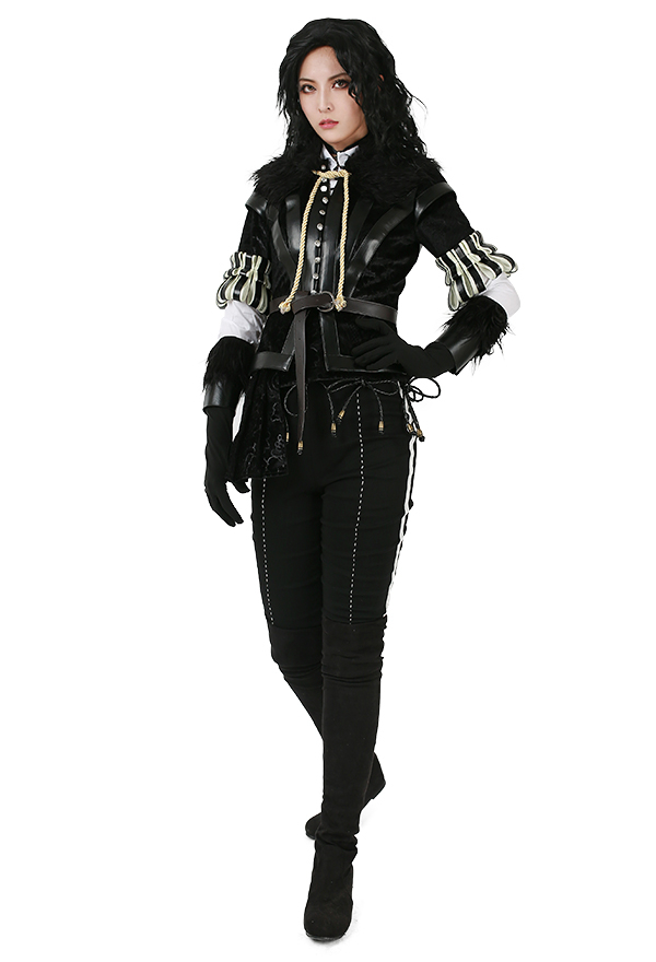 Women Gothic Powerful Witcher Uniform Dark Style Black PU Leather Lantern Cuff Exquisite Design Full Set Halloween Costume