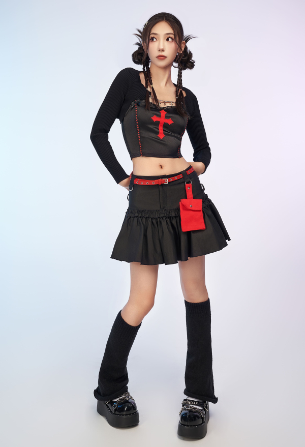 Black and Red Casual Skirt Layered Skirt with Detachable Pocket and Belt
