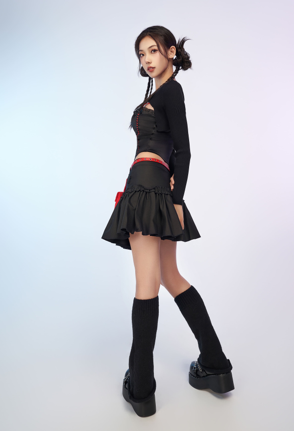 Black and Red Casual Skirt Layered Skirt with Detachable Pocket and Belt