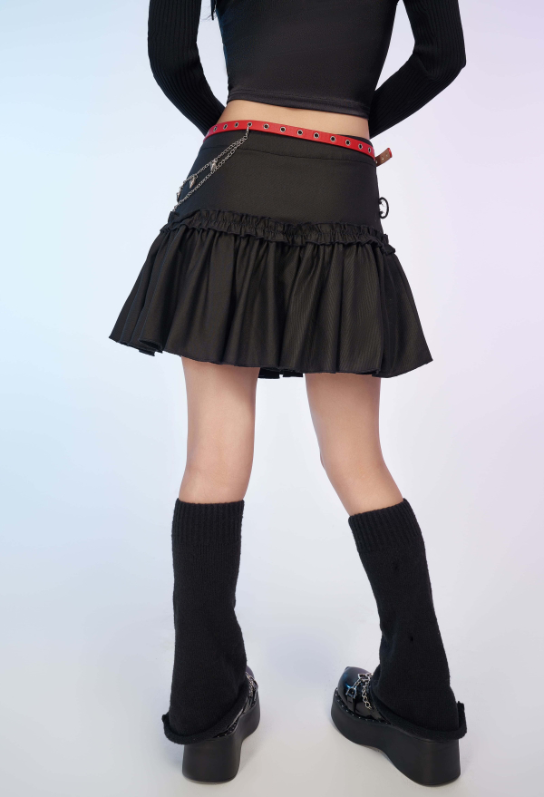 Black and Red Casual Skirt Layered Skirt with Detachable Pocket and Belt
