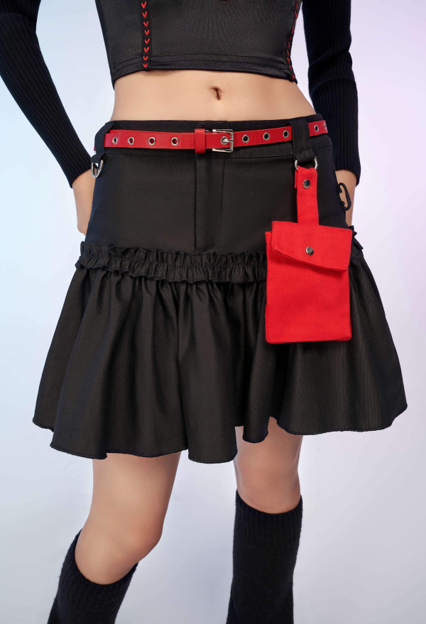 Black and Red Casual Skirt Layered Skirt with Detachable Pocket and Belt