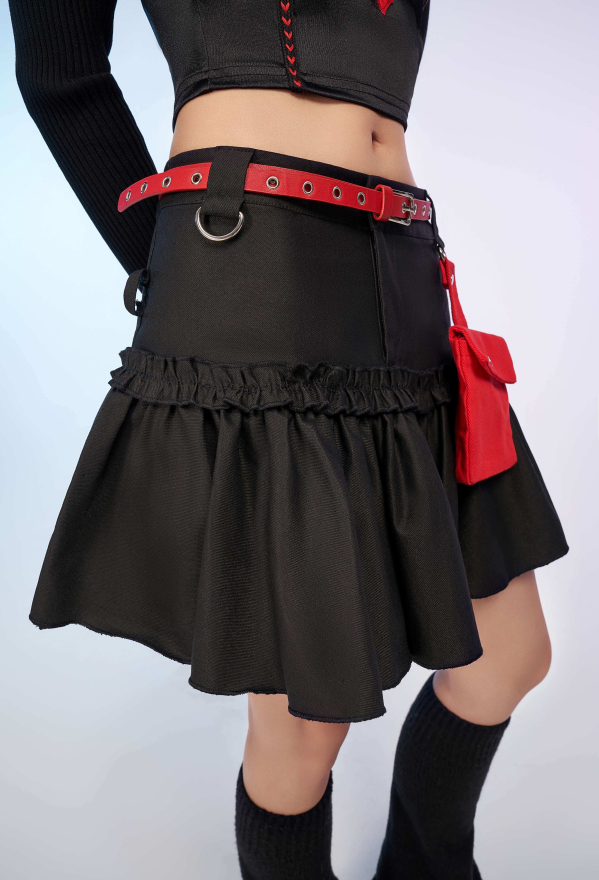 Black and Red Casual Skirt Layered Skirt with Detachable Pocket and Belt