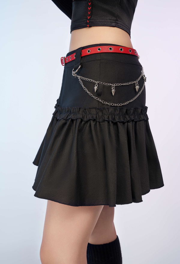 Black and Red Casual Skirt Layered Skirt with Detachable Pocket and Belt
