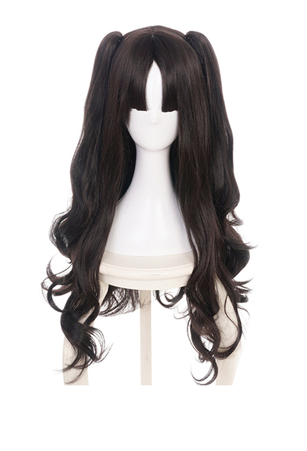 Dark Grey Color Long Curly Cosplay Wig With Two Ponytails