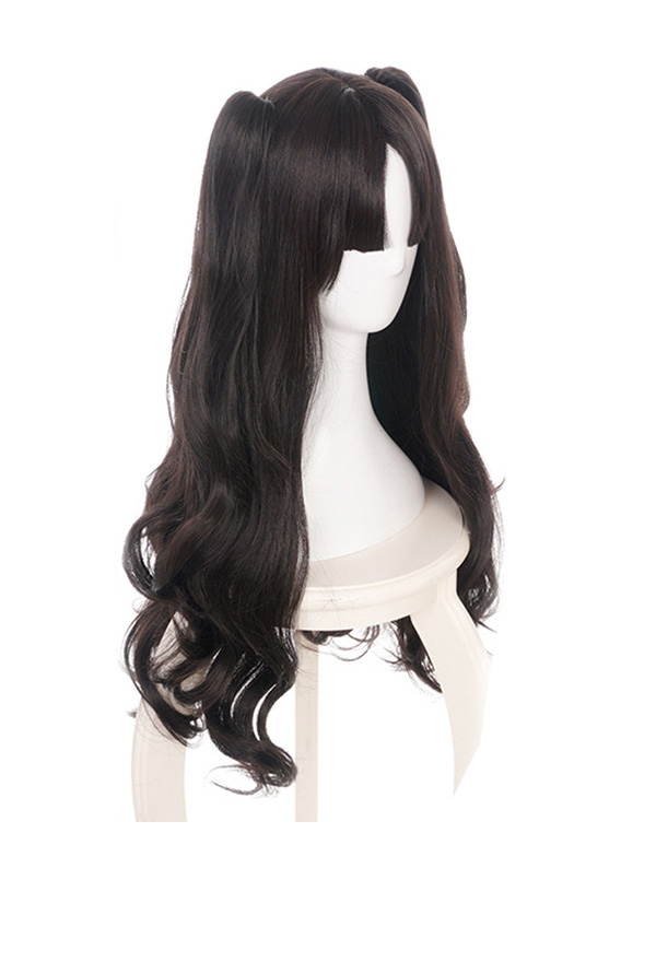 Dark Grey Color Long Curly Cosplay Wig With Two Ponytails
