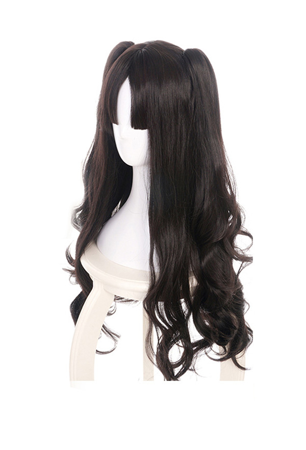 Dark Grey Color Long Curly Cosplay Wig With Two Ponytails